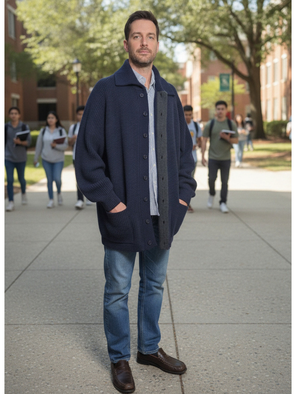 Jos. A. Banks Navy Lambswool Long Cardigan with Grey Placket L